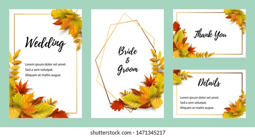 Wedding invites set with falling leaves. Autumn background vector illustration. Place for text. Great for party invitation, seasonal autumn sale, wedding, web, fall festival, Happy Thanksgiving.
