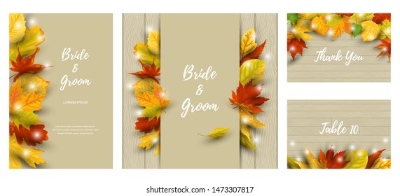 Wedding invites set with falling leaves. Autumn background vector illustration. Place for text. Great for party invitation, seasonal autumn sale, wedding, web, fall festival, Happy Thanksgiving.