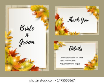 Wedding invites set with falling leaves. Autumn background vector illustration. Place for text. Great for party invitation, seasonal autumn sale, wedding, web, fall festival, Happy Thanksgiving.
