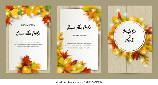 Wedding invites set with falling leaves. Autumn background vector illustration. Place for text. Great for party invitation, sale, wedding, bridal shower, web, fall festival, Happy Thanksgiving day.