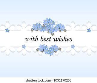 Wedding invite,save the date,invitation birthday.Greeting card template,flower design.Bouquet blue forget-me-not, heart shape, with lace decorative white ribbon.Romantic style vector illustration