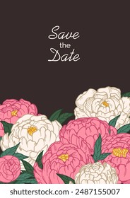 Wedding inviting card, floral design. Save the Date, romantic anniversary invitation background. Peony blossoms, garden flower blooms in retro style. Vintage botanical hand-drawn vector illustration