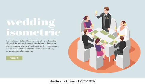 Wedding isometric background with just married honeymooners and their guests raising glasses of champagne at restaurant table vector illustration