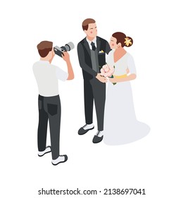 Wedding isometric composition with isolated character of photographer taking photo of bridegroom on blank background vector illustration