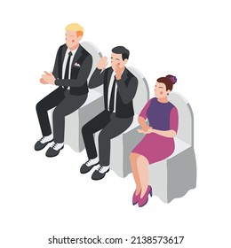 Wedding isometric composition with isolated human characters of wedding guests sitting on chairs on blank background vector illustration