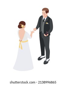 Wedding isometric composition with isolated human characters of bride and groom exchanging rings on blank background vector illustration