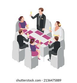 Wedding Isometric Composition With Isolated View Of Groom Talking Short Speech At Table With Drinking Guests Vector Illustration