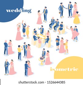 Wedding isometric icons recolor set of bride and groom in festive clothes with guests and friends on wedding ceremony isolated vector illustration 