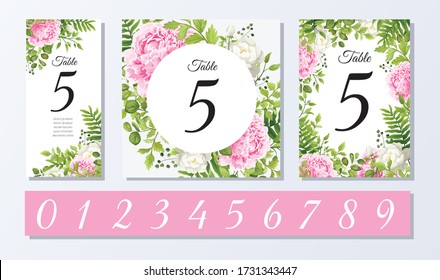  Wedding Itable number. Floral design with green watercolor fern leaves, flowers pink and white flower rose, peony, foliage greenery decorative frame print. Vector elegant cute rustic greeting invite
