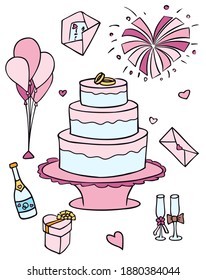 Wedding items, big cake and balloons. Fireworks to the shape of the heart. Colored isolated hand-drawn objects. Pink with a dark outline. 