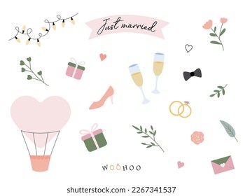 Wedding items just married set. Vector illustration in a flat hand-drawn style. Elements for a greeting card, a invitation or a wedding decor