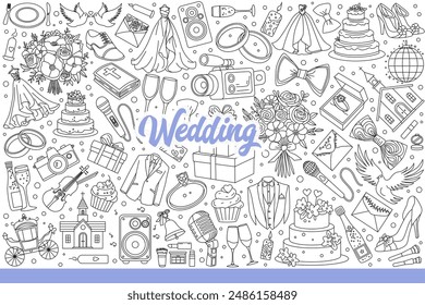 Wedding items for marriage ceremony of bride and groom and bridal party for guests. Festive wardrobe elements or food with flowers for wedding invitation design. Hand drawn doodle.