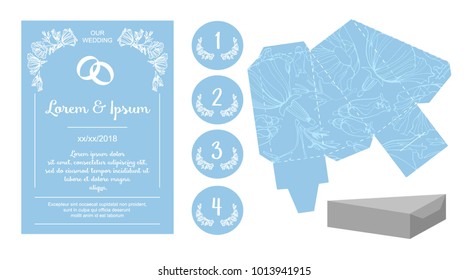 Wedding items printing set: invitation, pattern for gift boxes, name plates for Seating char