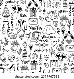 Wedding items seamless vector pattern. Symbols of marriage - engagement rings, hearts, balloons, cake, champagne, gifts, clothes for the bride and groom. Love and romance. Black and white background