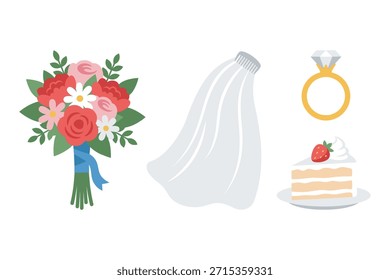 Conjunto de artículos de Boda, ramo de novia, velo de boda, anillo de compromiso de diamantes, rebanada de pastel, celebración nupcial, Elementos de ocasión especial