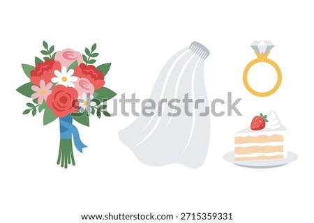 Wedding items set, bridal bouquet, wedding veil, diamond engagement ring, cake slice, marriage celebration, special occasion elements