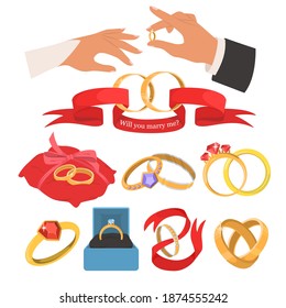 Wedding jewelery set, flat vector isolated illustration. Wedding rings, diamond engagement rings, groom putting ring on bride finger. svg