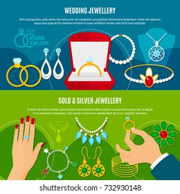 Wedding jewelry horizontal banners with gold and silver decorations including engagement rings, diadem, earrings isolated vector illustration