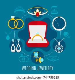 Wedding jewelry round composition with engagement rings, earrings, diadem with ruby, necklaces on blue background vector illustration