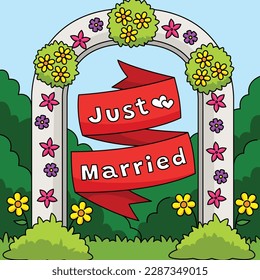 Wedding Just Married Flower Arch Colored Cartoon 