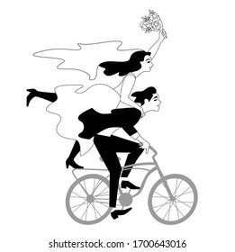 Wedding. Just married happy couple bride and groom riding bicycle. Vector illustration, clip art, cartoon.
