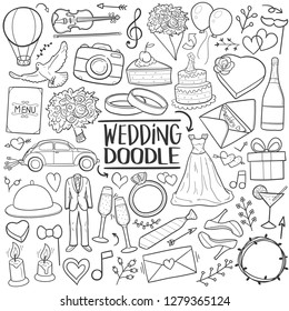 Wedding Just Married Traditional Doodle Icons Sketch Hand Made Design Vector