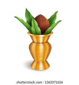 Wedding Kalash, coconut in golden pot isolated on white. Hindu and Jain symbol of abundance, wisdom, and immortality. Vector illustration