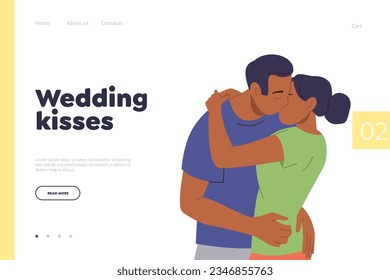 Wedding kisses concept for landing page template with happy newlyweds couple hugging together