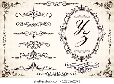 Wedding label and border template, Calligraphy swirls, swashes, ornate motifs and scrolls. Vector illustration.