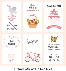 Wedding label template. Cartoon illustration with typography, dove, bike, cake and attributes of wedding. For invitation, greeting card and celebration party.