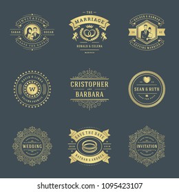 Wedding labels and badges vector and design elements set. Vintage typography titles for save the date invitations cards, decoration ornaments and symbols.