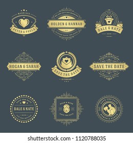 Wedding labels and badges vector and design elements set. Vintage typography titles for save the date invitations cards, decoration ornaments and symbols.