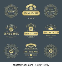 Wedding labels and badges vector and design elements set. Vintage typography titles for save the date invitations cards, decoration ornaments and symbols.