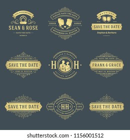 Wedding labels and badges vector and design elements set. Vintage typography titles for save the date invitations cards, decoration ornaments and symbols.