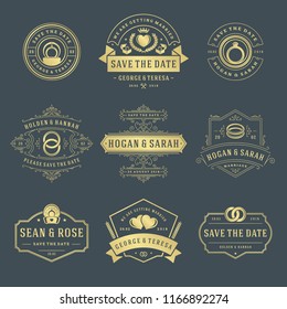 Wedding labels and badges vector and design elements set. Vintage typography titles for save the date invitations cards, decoration ornaments and symbols.