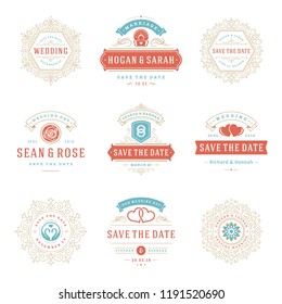 Wedding labels and badges vector and design elements set. Vintage typography titles for save the date invitations cards, decoration ornaments and symbols.