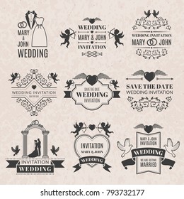 Wedding labels set in victorian style. Monochrome pictures set for badges or logos. Wedding invitation label, ornament classic badge, vector illustration