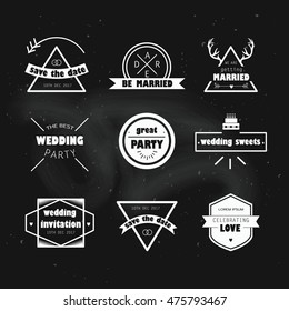 Wedding labels. Vector illustration. Wedding icons hipster vintage style on chalkboard background. We are getting married. Save the date. The best wedding party invitation. Celebrating love.