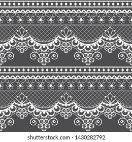 Wedding lace French or English seamless pattern set, white ornamental repetitive design with flowers - textile design. Decorative retrto lace repetitive ornaments collection, symmetric decoration 

