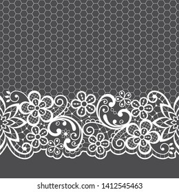 Wedding lace vector pattern, detailed retro ornament, lace design with flowers and swirls in white on gray. Unique lace frame collection, vintage textile decoration with repetitive graphics