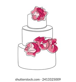 Pastel de capa de bodas con vector de flores rosadas. Dibujo continuo de una línea. Icono de postre lineal dibujado a mano. Diseño mínimo, impresión, banner, tarjeta de café, folleto de panadería, logotipo, signo, símbolo, menú.