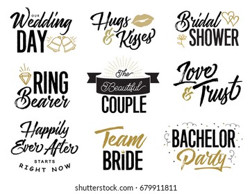 Wedding Lettering Phrases Vector Set, Our Wedding Day, Hugs & Kisses, Bridal Shower, Ring Bearer, Love & trust, the beautiful couple, Team Bride, Bachelor party, 9 unique designs in collection