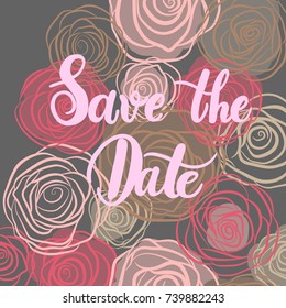 Wedding lettering poster -  save the date with roses.