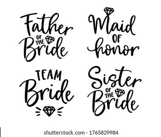 Wedding lettering set. Black hand lettered quotes with diamond rings for greeting cards, gift tags, labels. Typography collection. Love concept. Isolated vector illustrations. Broom and bride design.