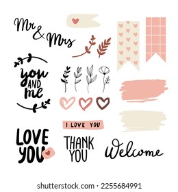 Wedding lettering set. Cute stickers and decoration elements.