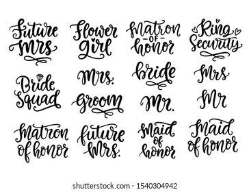 Wedding lettering set, modern calligraphy decoration elements collection, isolated on white. Vintage letters typography