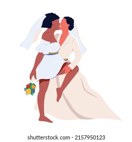 Wedding LGBT family. Female different species and romantic partners are isolated on white background. Vector illustration in flat cartoon style