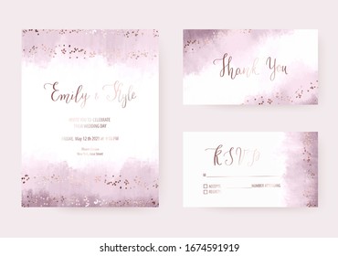 Wedding Lilac Watercolor Invitation Design, Thank You And Rsvp Cards With Rose Gold Border Confetti Texture.
