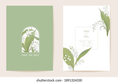 Wedding lily floral Save the Date set. Vector spring flowers, leaves boho invitation card. Watercolor template pastel frame, valentine cover, modern background design, wallpaper