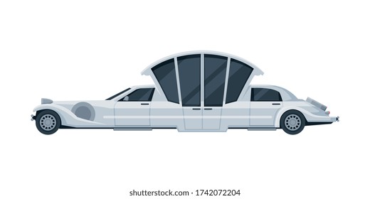 Wedding Limousine Car, Elegant Premium Luxurious Limo Vehicle, Side View Flat Vector Illustration